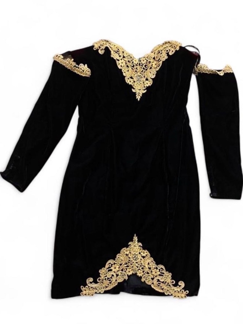 Vintage Marmie West Black Velvet Gold Lace Formal Dress